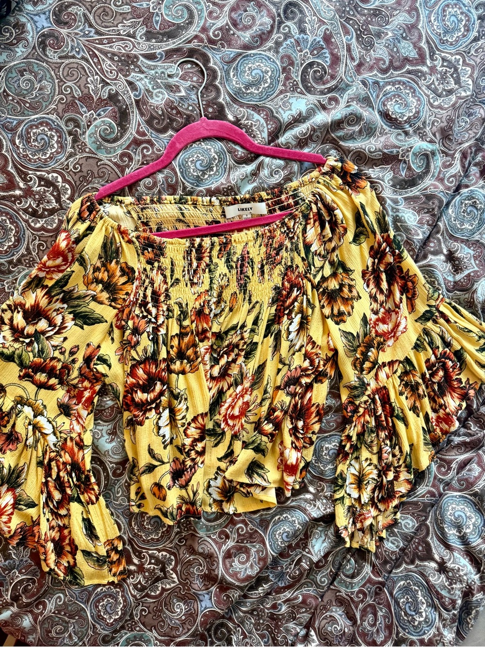 LIKELY Sunny Off-The-Shoulder Smocked Floral Top